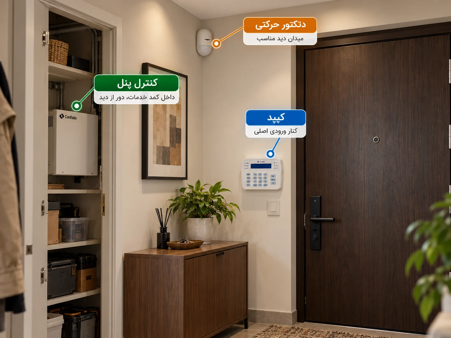 راهروی ورودی با کنترل پنل داخل کمد خدمات، صفحه‌کلید کنار درِ ورودی و دتکتور حرکتی با میدان دید مناسب