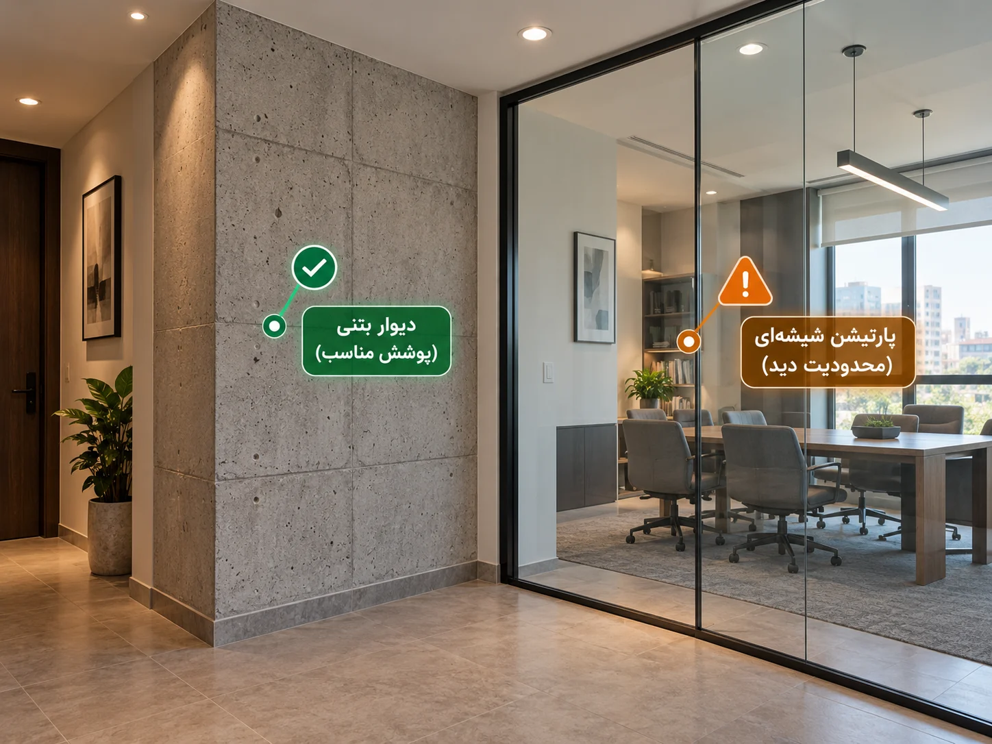 دیوار بتنی در کنار پارتیشن شیشه‌ای در یک فضای اداری