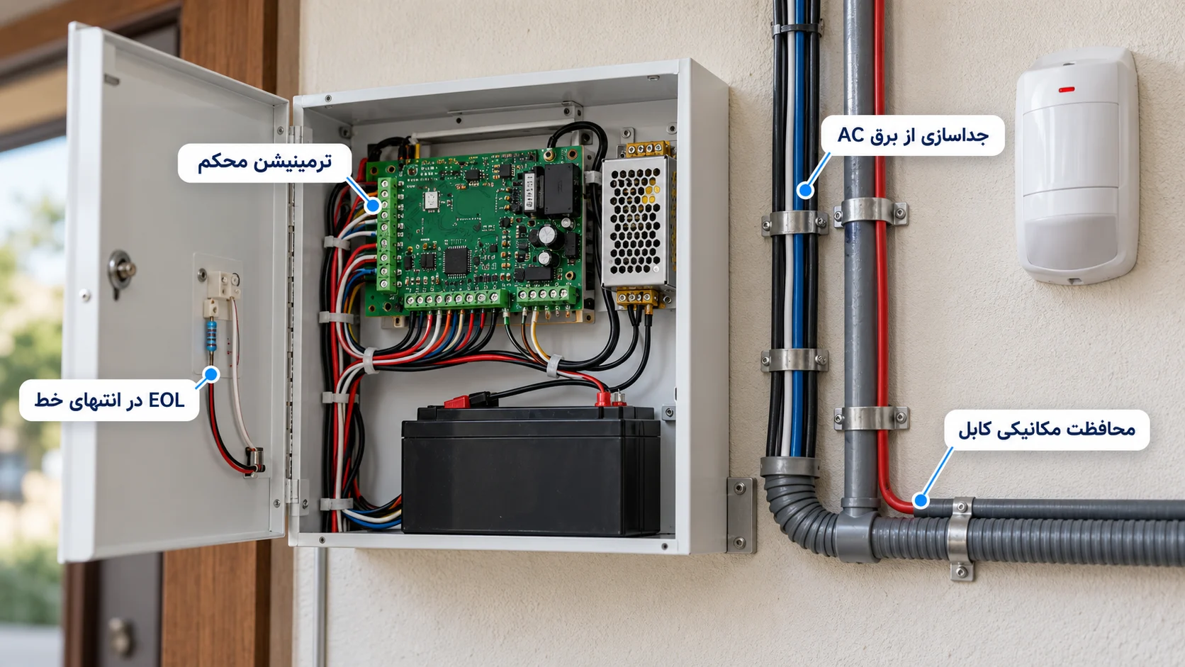داخل جعبهٔ کنترل پنل با ترمینیشن محکم و مقاومت EOL، و مسیر کابل جدا از برق شهر با محافظ مکانیکی
