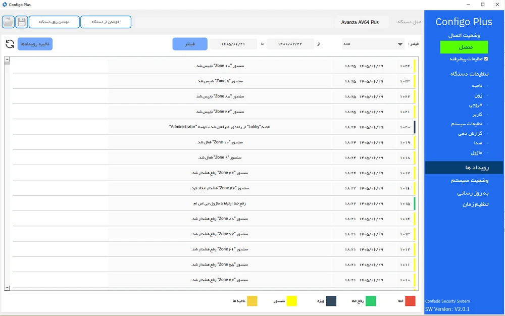 فهرست رویدادها در Configo Plus